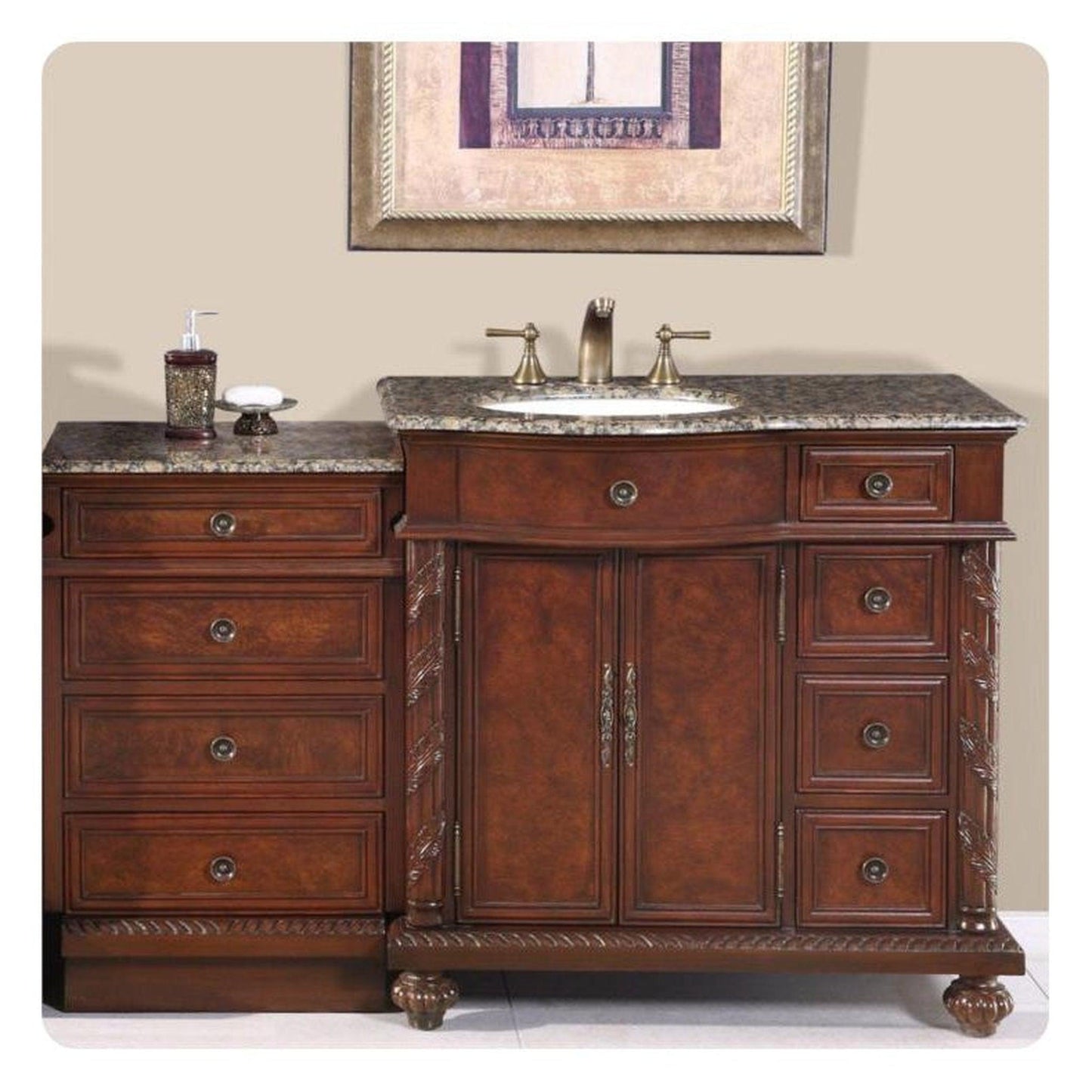 Silkroad Exclusive 56" Single Left Side Sink English Chestnut Modular Bathroom Vanity With Baltic Brown Granite, White Ceramic Undermount Sink and Drawer Bank Cabinet - HYP-0213-BB-UWC-56-L