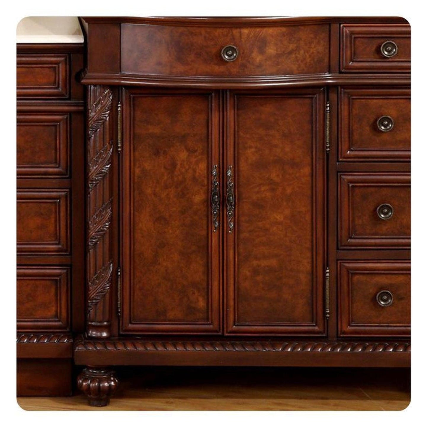 Silkroad Exclusive 56" Single Left Side Sink English Chestnut Modular Bathroom Vanity With Crema Marfil Marble, Ivory Ceramic Undermount Sink and Drawer Bank Cabinet - HYP-0213-CM-UIC-56-L