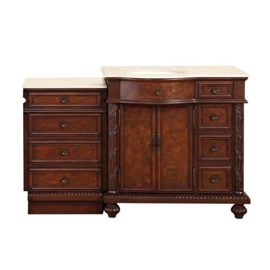 Silkroad Exclusive 56" Single Left Side Sink English Chestnut Modular Bathroom Vanity With Crema Marfil Marble, Ivory Ceramic Undermount Sink and Drawer Bank Cabinet - HYP-0213-CM-UIC-56-L