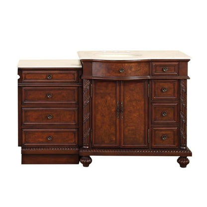 Silkroad Exclusive 56" Single Left Side Sink English Chestnut Modular Bathroom Vanity With Crema Marfil Marble, Ivory Ceramic Undermount Sink and Drawer Bank Cabinet - HYP-0213-CM-UIC-56-L