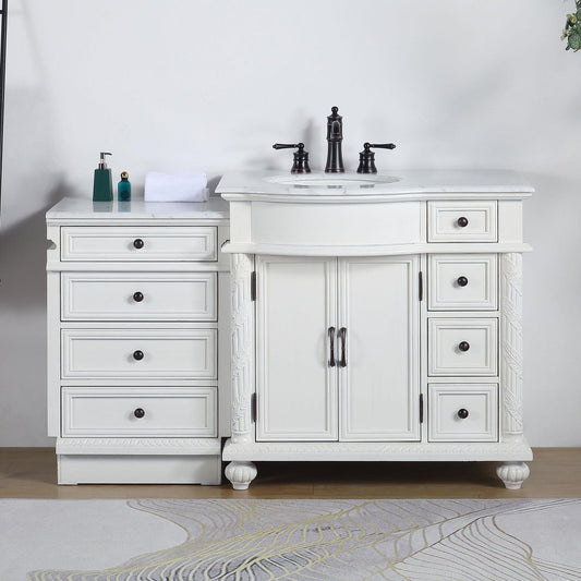 Silkroad Exclusive 56" Single Left Sink Antique White Modular Bathroom Vanity With Carrara White Marble Countertop and White Ceramic Undermount Sink - V0213WW56L