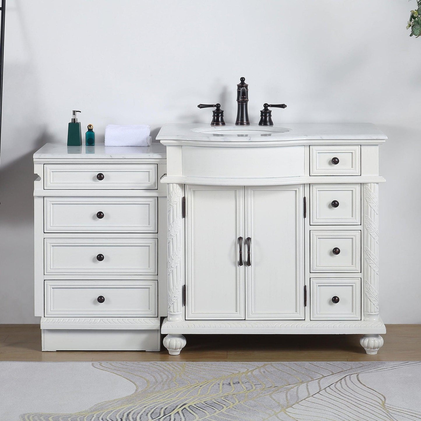 Silkroad Exclusive 56" Single Left Sink Antique White Modular Bathroom Vanity With Carrara White Marble Countertop and White Ceramic Undermount Sink - V0213WW56L