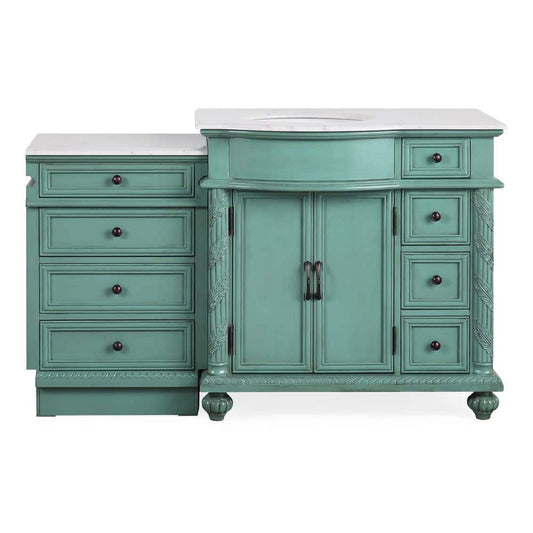 Silkroad Exclusive 56" Single Left Sink Vintage Green Modular Bathroom Vanity With Carrara White Marble Countertop and White Ceramic Undermount Sink - V0213NW56L
