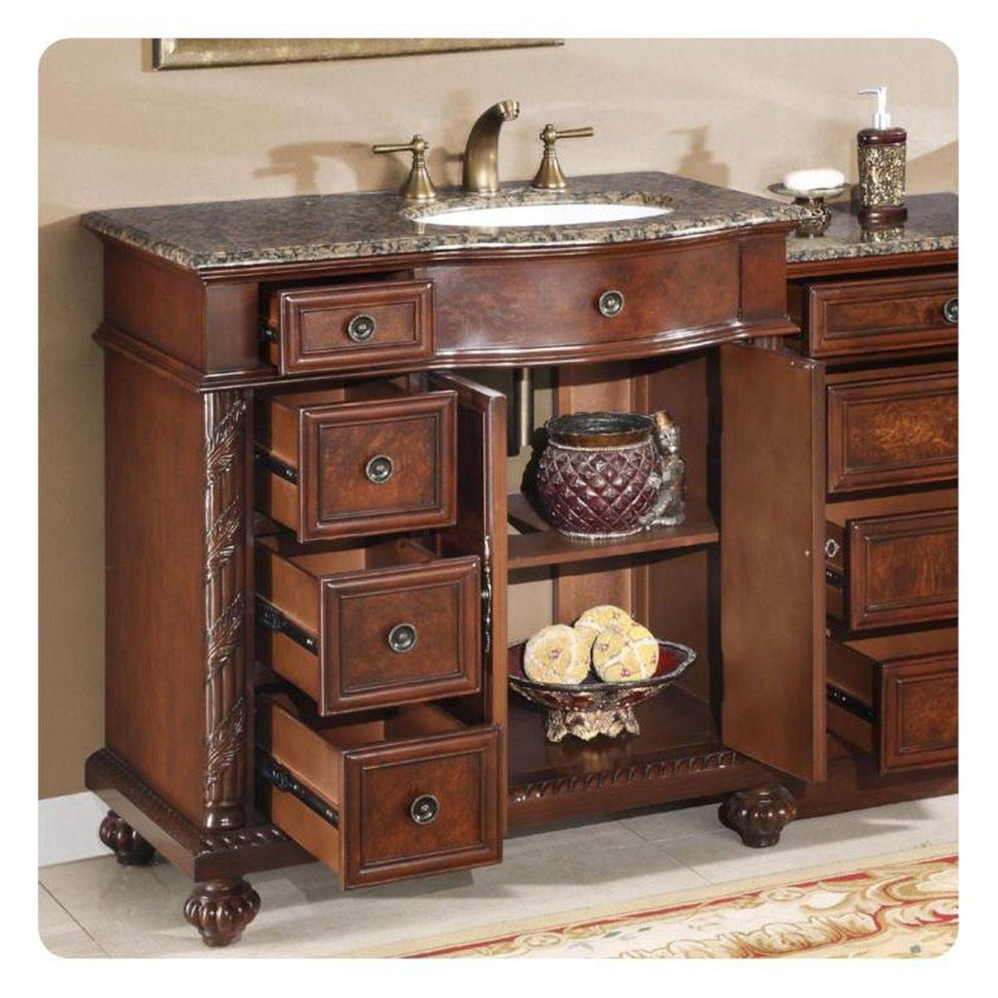 Silkroad Exclusive 56" Single Right Side Sink English Chestnut Modular Bathroom Vanity With Baltic Brown Granite, White Ceramic Undermount Sink and Drawer Bank Cabinet - HYP-0213-BB-UWC-56-R