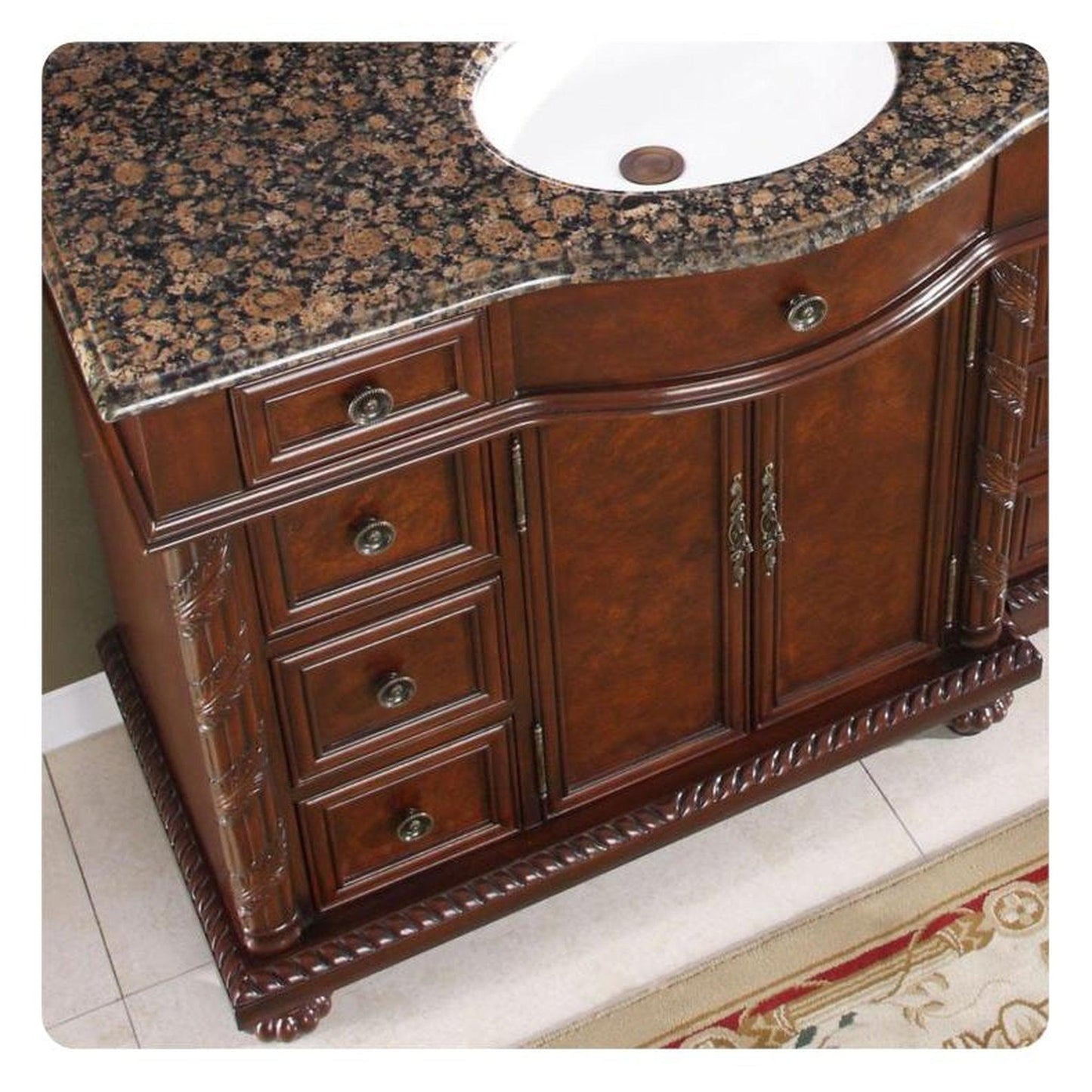 Silkroad Exclusive 56" Single Right Side Sink English Chestnut Modular Bathroom Vanity With Baltic Brown Granite, White Ceramic Undermount Sink and Drawer Bank Cabinet - HYP-0213-BB-UWC-56-R