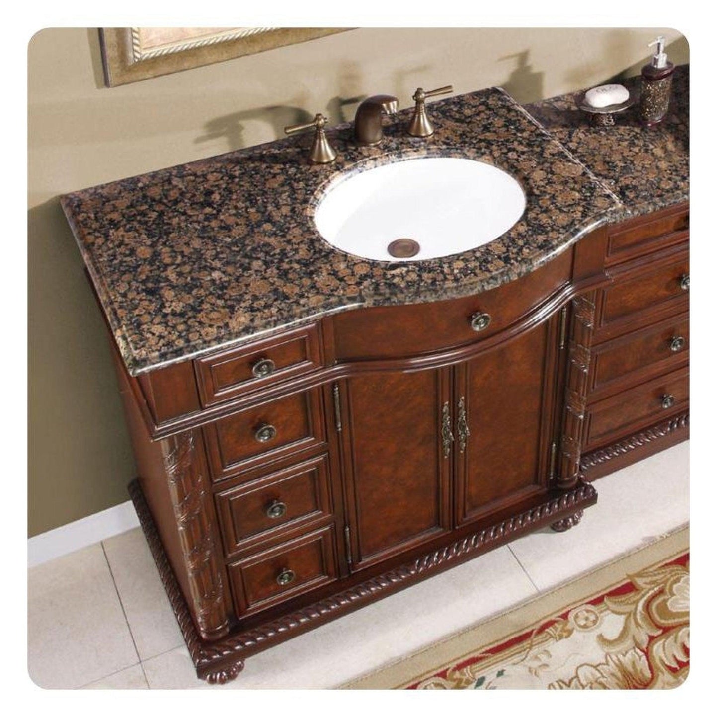 Silkroad Exclusive 56" Single Right Side Sink English Chestnut Modular Bathroom Vanity With Baltic Brown Granite, White Ceramic Undermount Sink and Drawer Bank Cabinet - HYP-0213-BB-UWC-56-R
