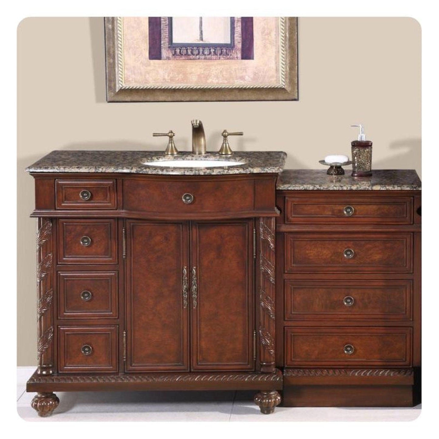 Silkroad Exclusive 56" Single Right Side Sink English Chestnut Modular Bathroom Vanity With Baltic Brown Granite, White Ceramic Undermount Sink and Drawer Bank Cabinet - HYP-0213-BB-UWC-56-R