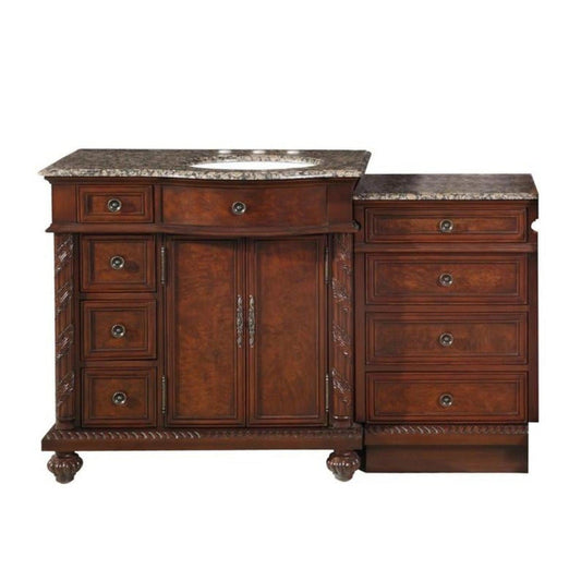 Silkroad Exclusive 56" Single Right Side Sink English Chestnut Modular Bathroom Vanity With Baltic Brown Granite, White Ceramic Undermount Sink and Drawer Bank Cabinet - HYP-0213-BB-UWC-56-R