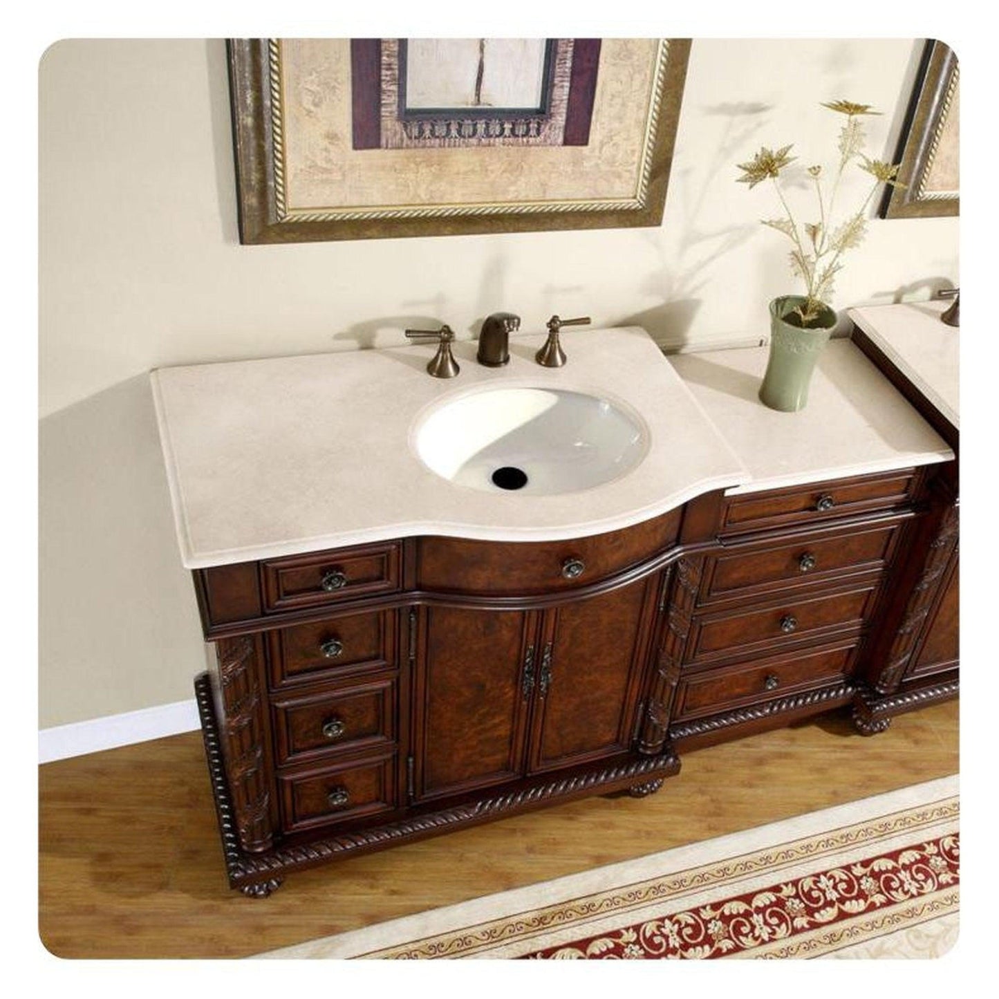 Silkroad Exclusive 56" Single Right Side Sink English Chestnut Modular Bathroom Vanity With Crema Marfil Marble, Ivory Ceramic Undermount Sink and Drawer Bank Cabinet - HYP-0213-CM-UIC-56-R