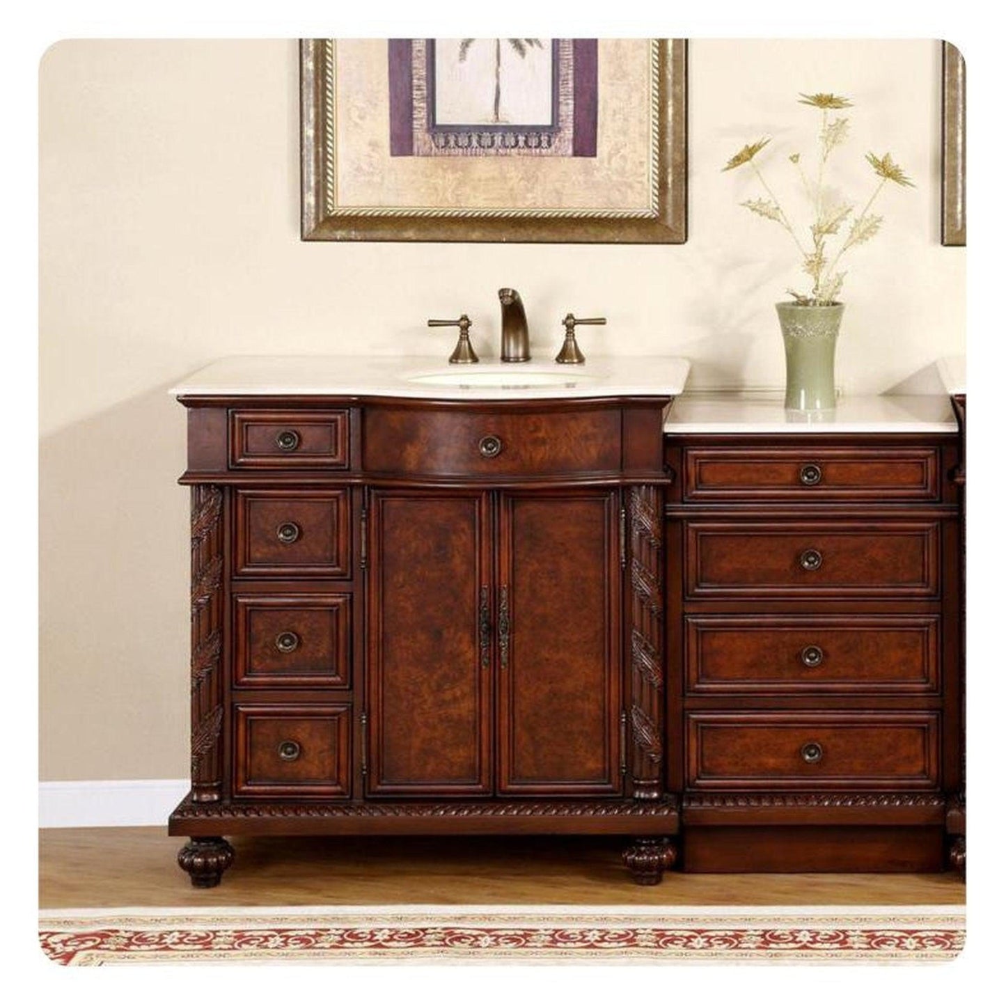 Silkroad Exclusive 56" Single Right Side Sink English Chestnut Modular Bathroom Vanity With Crema Marfil Marble, Ivory Ceramic Undermount Sink and Drawer Bank Cabinet - HYP-0213-CM-UIC-56-R