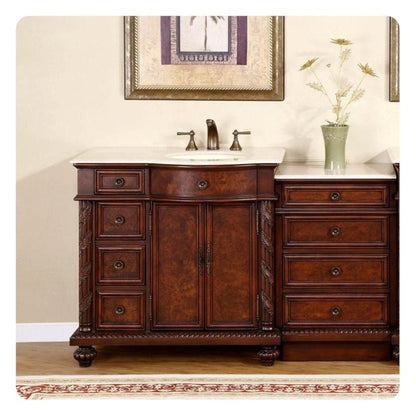 Silkroad Exclusive 56" Single Right Side Sink English Chestnut Modular Bathroom Vanity With Crema Marfil Marble, Ivory Ceramic Undermount Sink and Drawer Bank Cabinet - HYP-0213-CM-UIC-56-R
