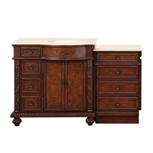 Silkroad Exclusive 56" Single Right Side Sink English Chestnut Modular Bathroom Vanity With Crema Marfil Marble, Ivory Ceramic Undermount Sink and Drawer Bank Cabinet - HYP-0213-CM-UIC-56-R