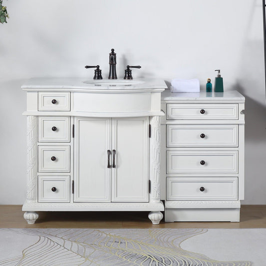 Silkroad Exclusive 56" Single Right Sink Antique White Modular Bathroom Vanity With Carrara White Marble Countertop and White Ceramic Undermount Sink - V0213WW56R
