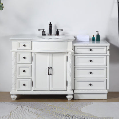 Silkroad Exclusive 56" Single Right Sink Antique White Modular Bathroom Vanity With Carrara White Marble Countertop and White Ceramic Undermount Sink - V0213WW56R
