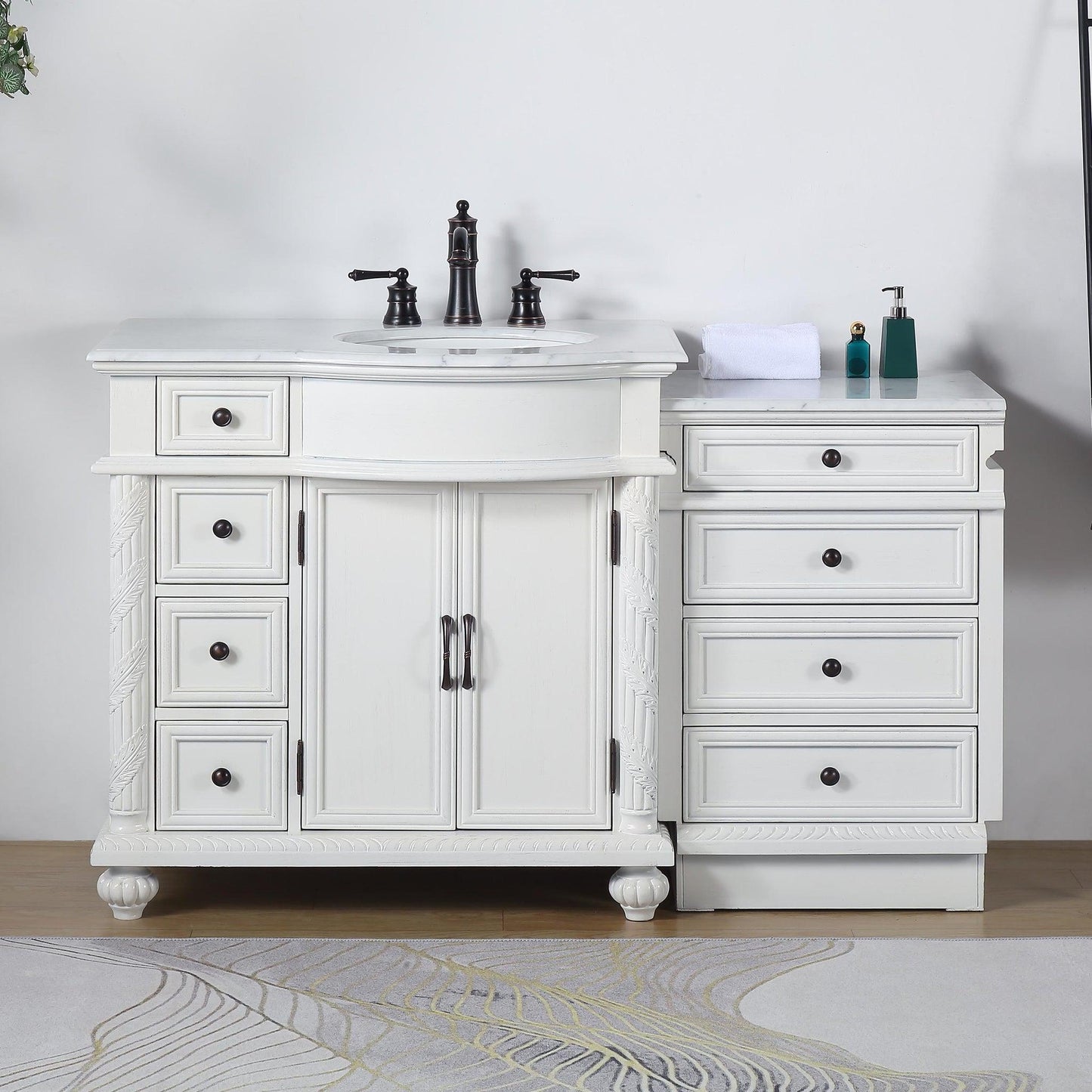 Silkroad Exclusive 56" Single Right Sink Antique White Modular Bathroom Vanity With Carrara White Marble Countertop and White Ceramic Undermount Sink - V0213WW56R