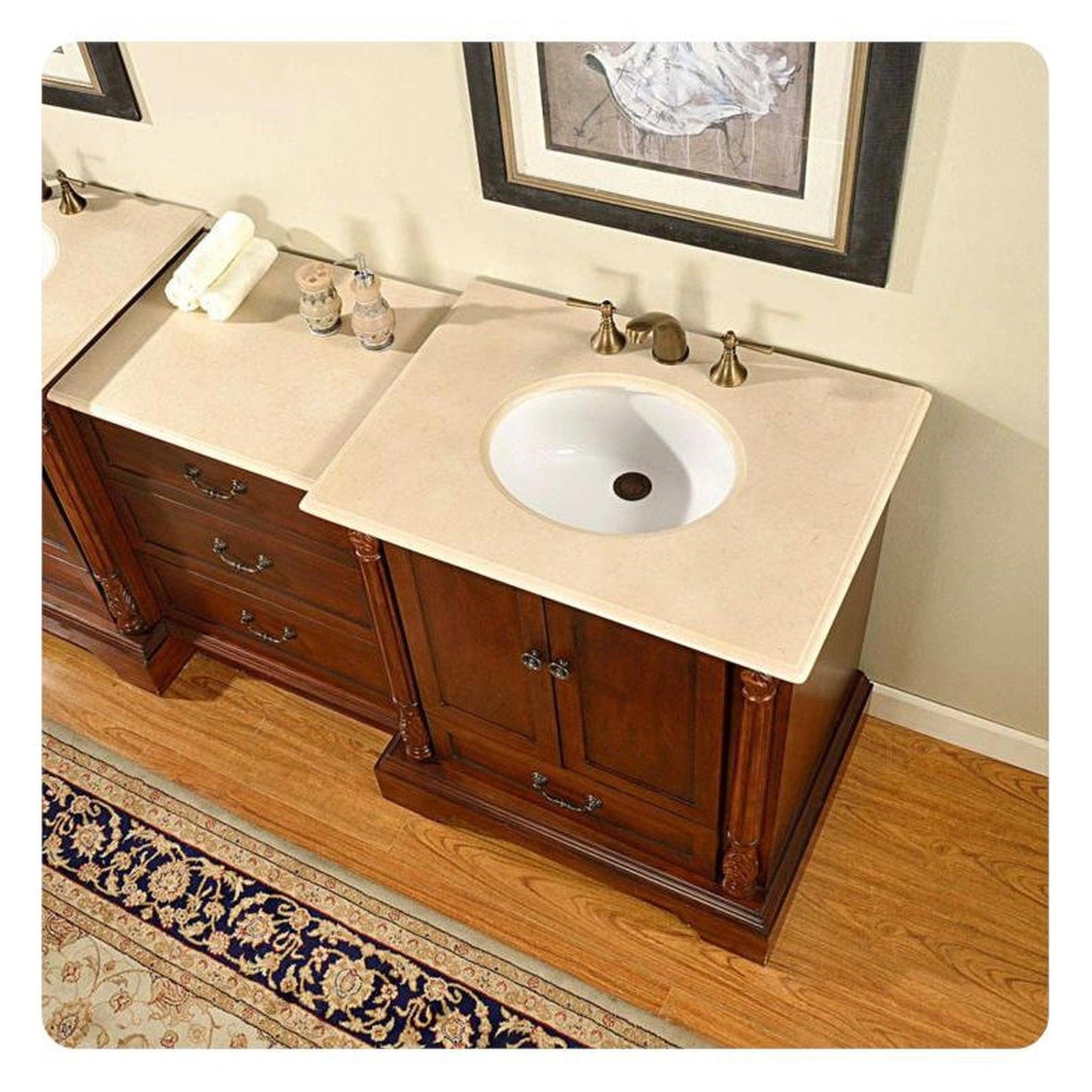 Silkroad Exclusive 56" Single Sink Walnut Modular Bathroom Vanity With Crema Marfil Marble Countertop and White Ceramic Undermount Sink - JB-0270-CM-UWC-56