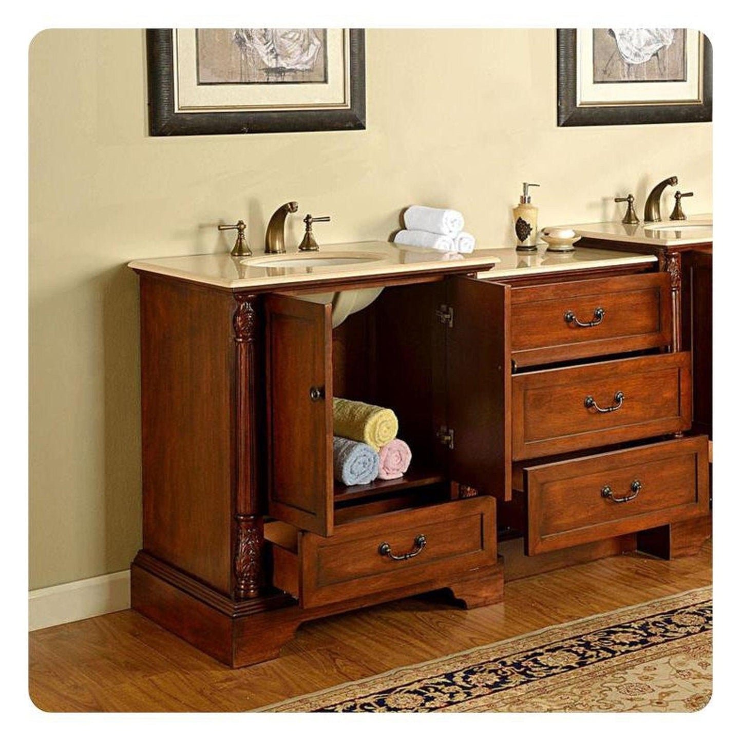 Silkroad Exclusive 56" Single Sink Walnut Modular Bathroom Vanity With Crema Marfil Marble Countertop and White Ceramic Undermount Sink - JB-0270-CM-UWC-56