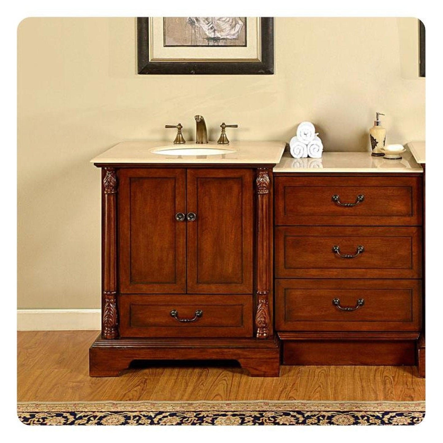 Silkroad Exclusive 56" Single Sink Walnut Modular Bathroom Vanity With Crema Marfil Marble Countertop and White Ceramic Undermount Sink - JB-0270-CM-UWC-56