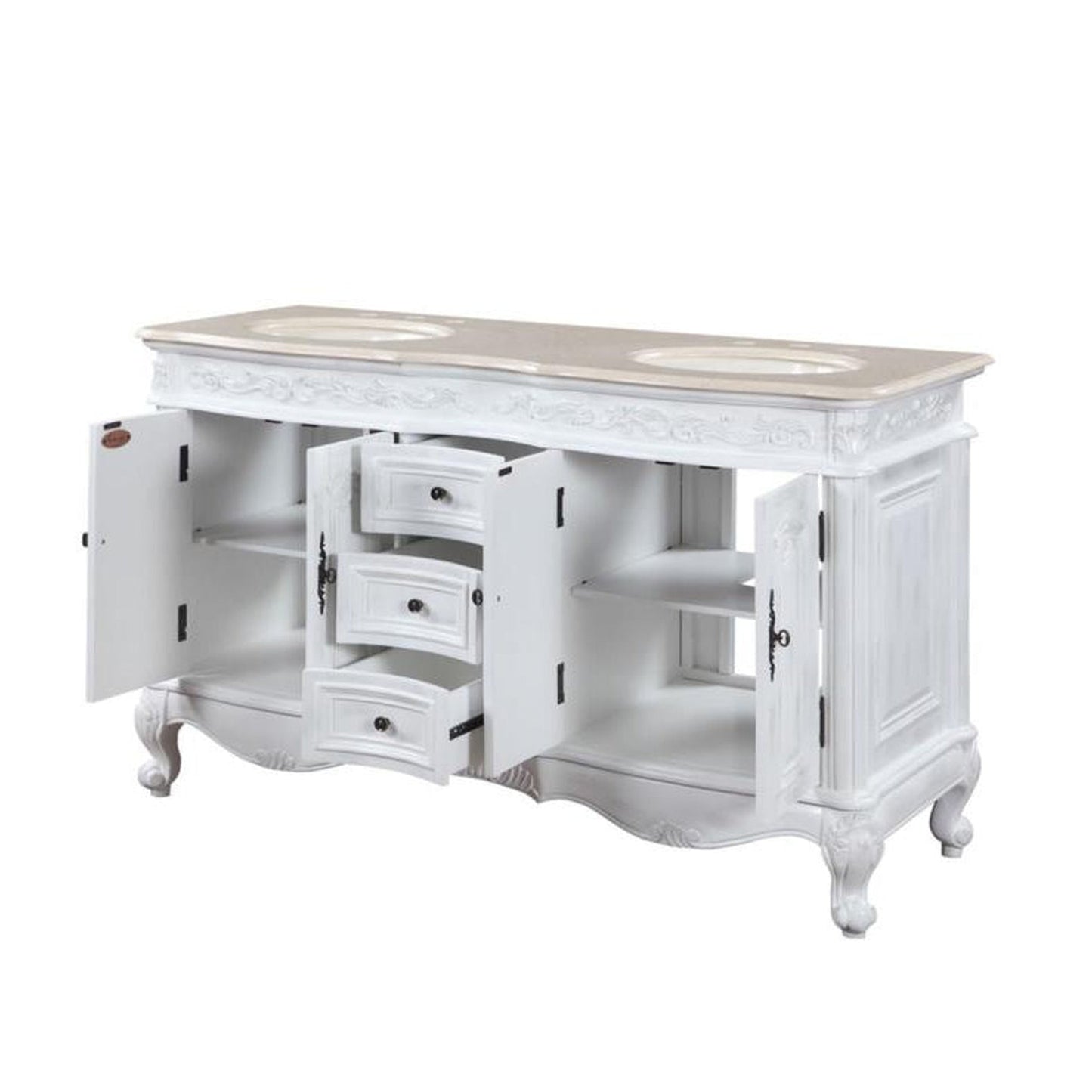 Silkroad Exclusive 58" Double Sink Antique White Bathroom Vanity - HYP-0145-CM-UIC-58