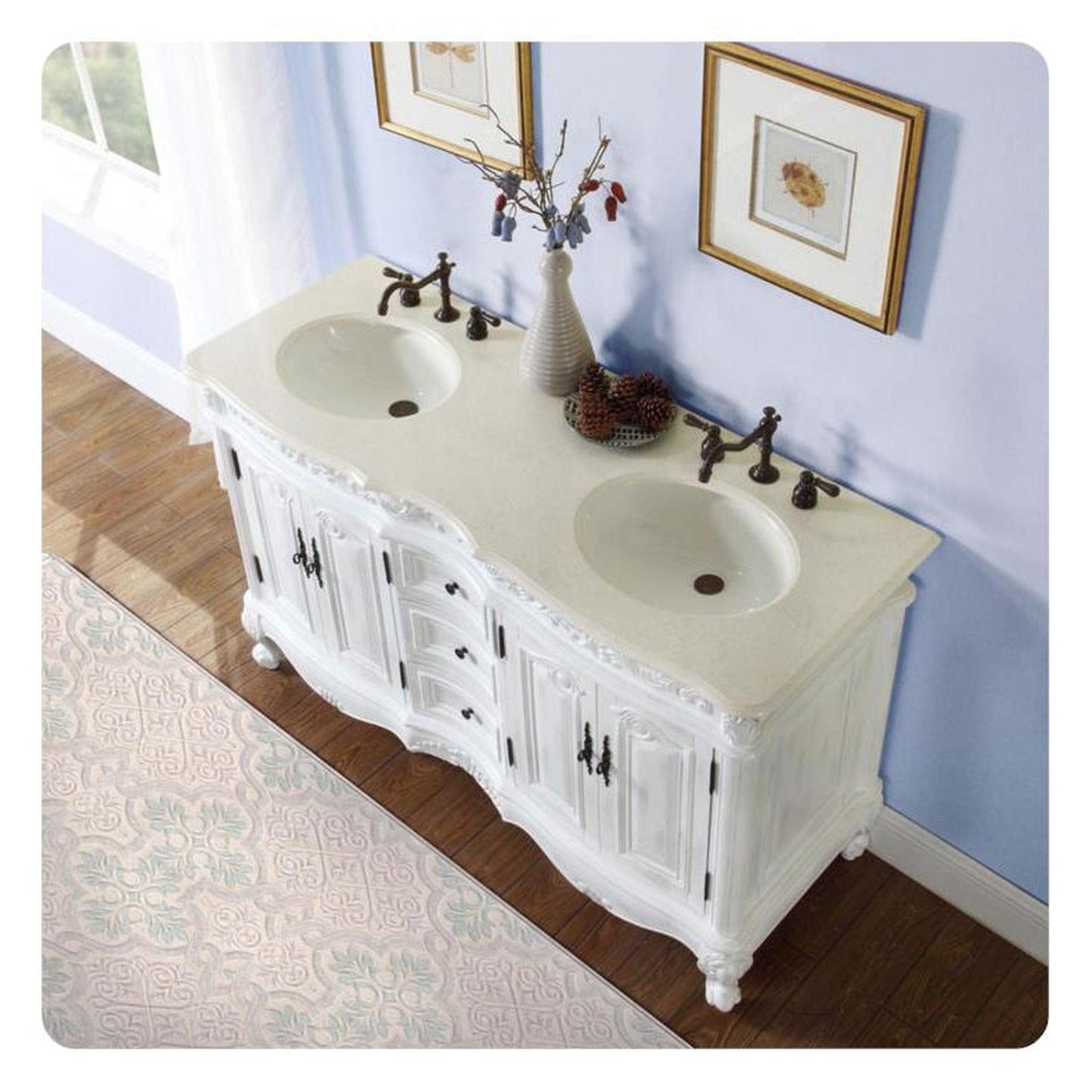 Silkroad Exclusive 58" Double Sink Antique White Bathroom Vanity - HYP-0145-CM-UIC-58
