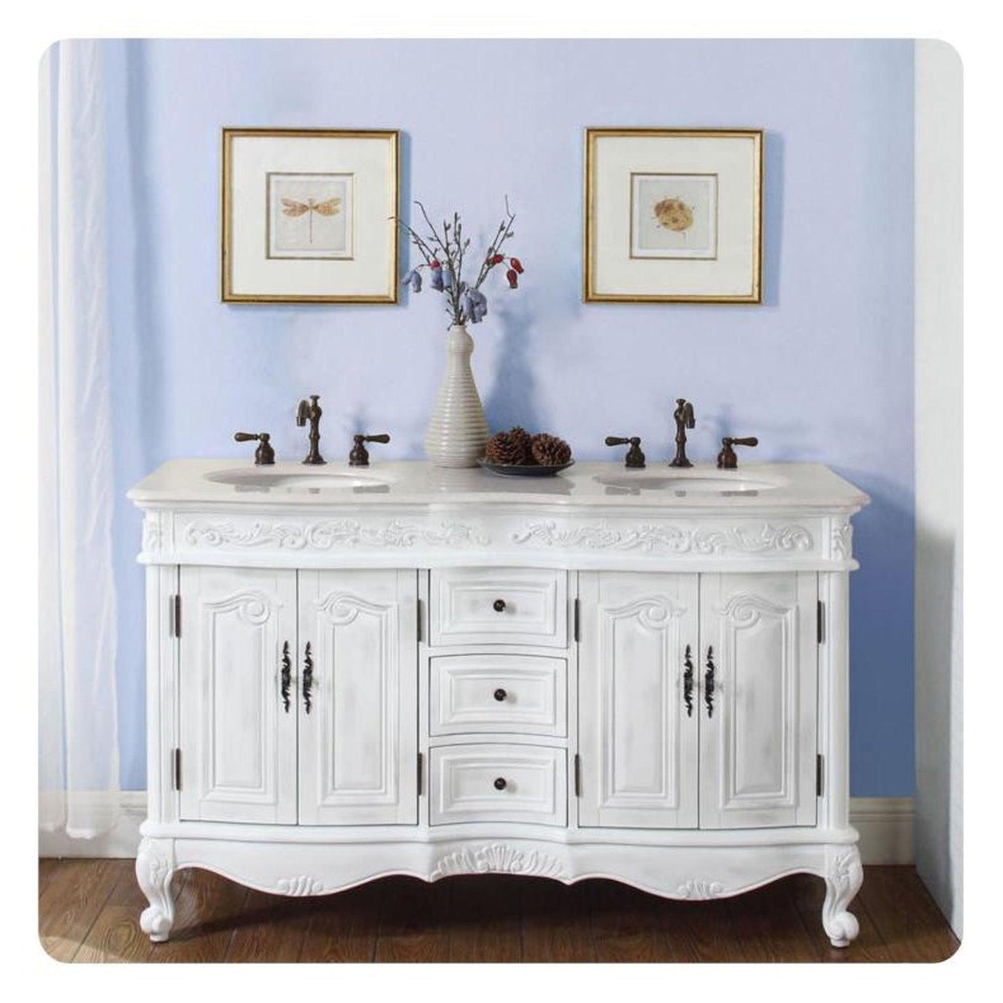 Silkroad Exclusive 58" Double Sink Antique White Bathroom Vanity - HYP-0145-CM-UIC-58