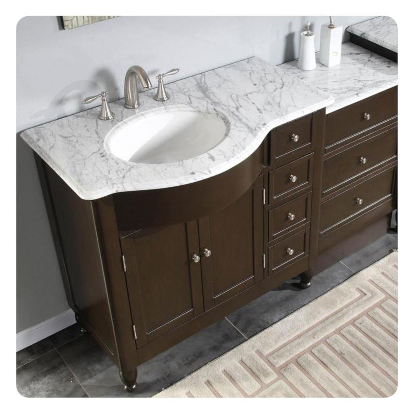 Silkroad Exclusive 58" Single Left Sink Dark Walnut Bathroom Modular Vanity With Carrara White Marble Countertop and White Ceramic Undermount Sink - HYP-0902-WM-UWC-58-L