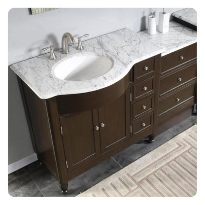 Silkroad Exclusive 58" Single Left Sink Dark Walnut Bathroom Modular Vanity With Carrara White Marble Countertop and White Ceramic Undermount Sink - HYP-0902-WM-UWC-58-L
