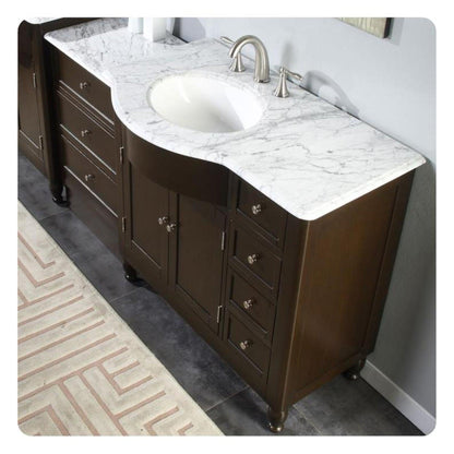 Silkroad Exclusive 58" Single Left Sink Dark Walnut Bathroom Modular Vanity With Carrara White Marble Countertop and White Ceramic Undermount Sink - HYP-0902-WM-UWC-58-L