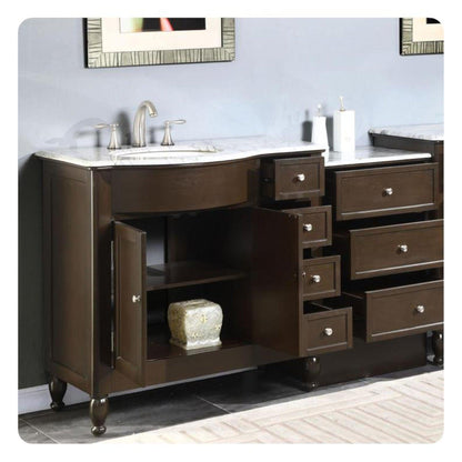Silkroad Exclusive 58" Single Left Sink Dark Walnut Bathroom Modular Vanity With Carrara White Marble Countertop and White Ceramic Undermount Sink - HYP-0902-WM-UWC-58-L