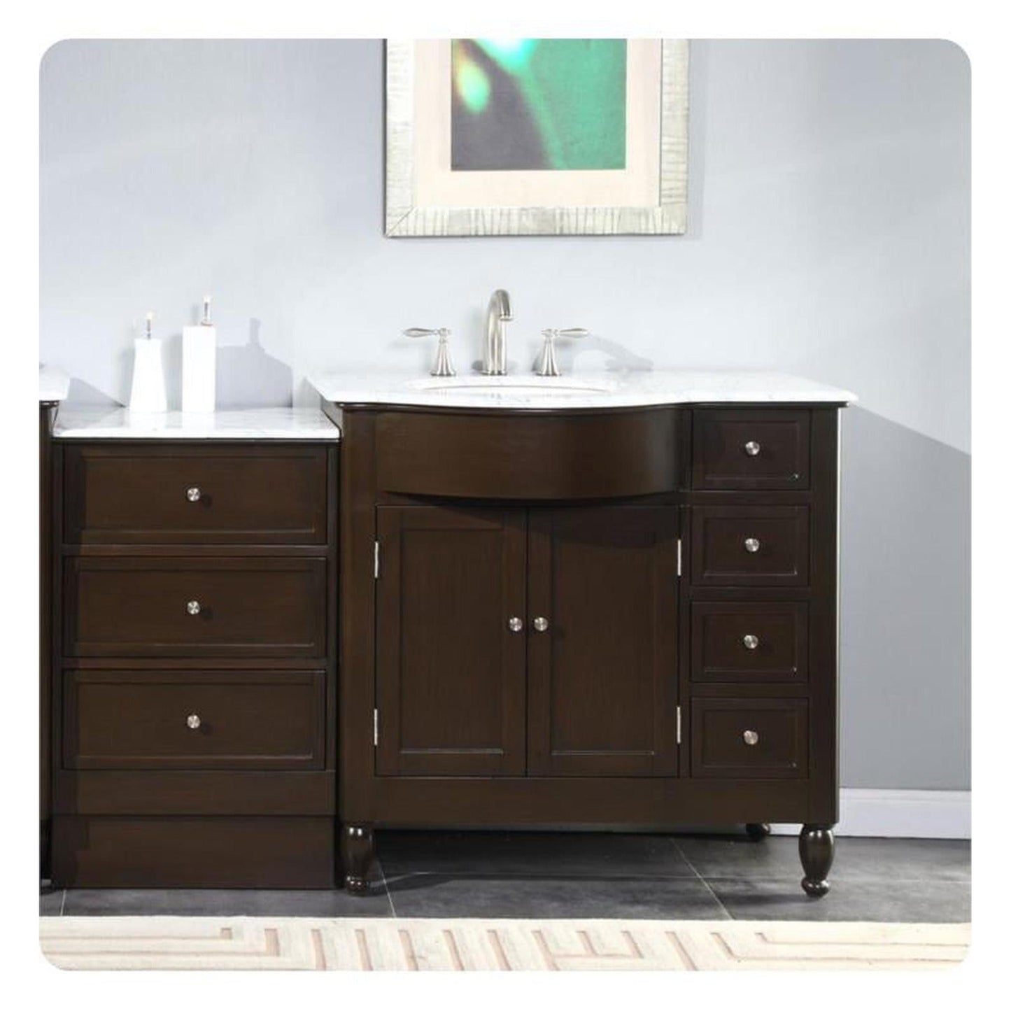 Silkroad Exclusive 58" Single Left Sink Dark Walnut Bathroom Modular Vanity With Carrara White Marble Countertop and White Ceramic Undermount Sink - HYP-0902-WM-UWC-58-L