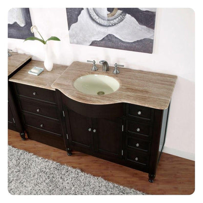 Silkroad Exclusive 58" Left Sink Dark Walnut Bathroom Vanity with Travertine Countertop - HYP-0902-T-UIC-58-L