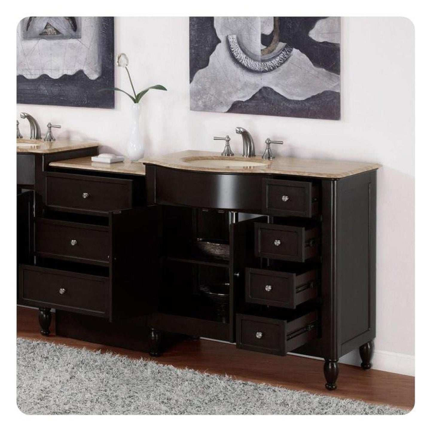Silkroad Exclusive 58" Left Sink Dark Walnut Bathroom Vanity with Travertine Countertop - HYP-0902-T-UIC-58-L