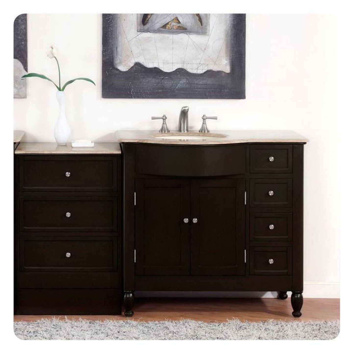 Silkroad Exclusive 58" Left Sink Dark Walnut Bathroom Vanity with Travertine Countertop - HYP-0902-T-UIC-58-L