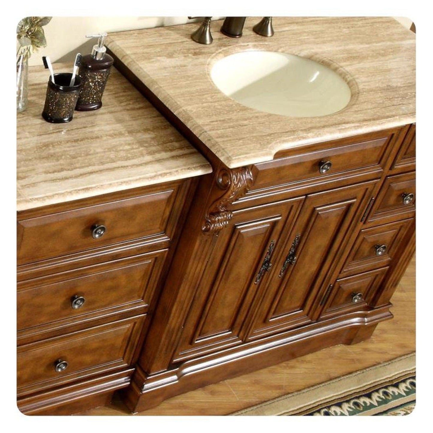 Silkroad Exclusive 58" Left Sink Walnut Bathroom Vanity with Travertine Countertop – HYP-0904-T-UIC-58-L