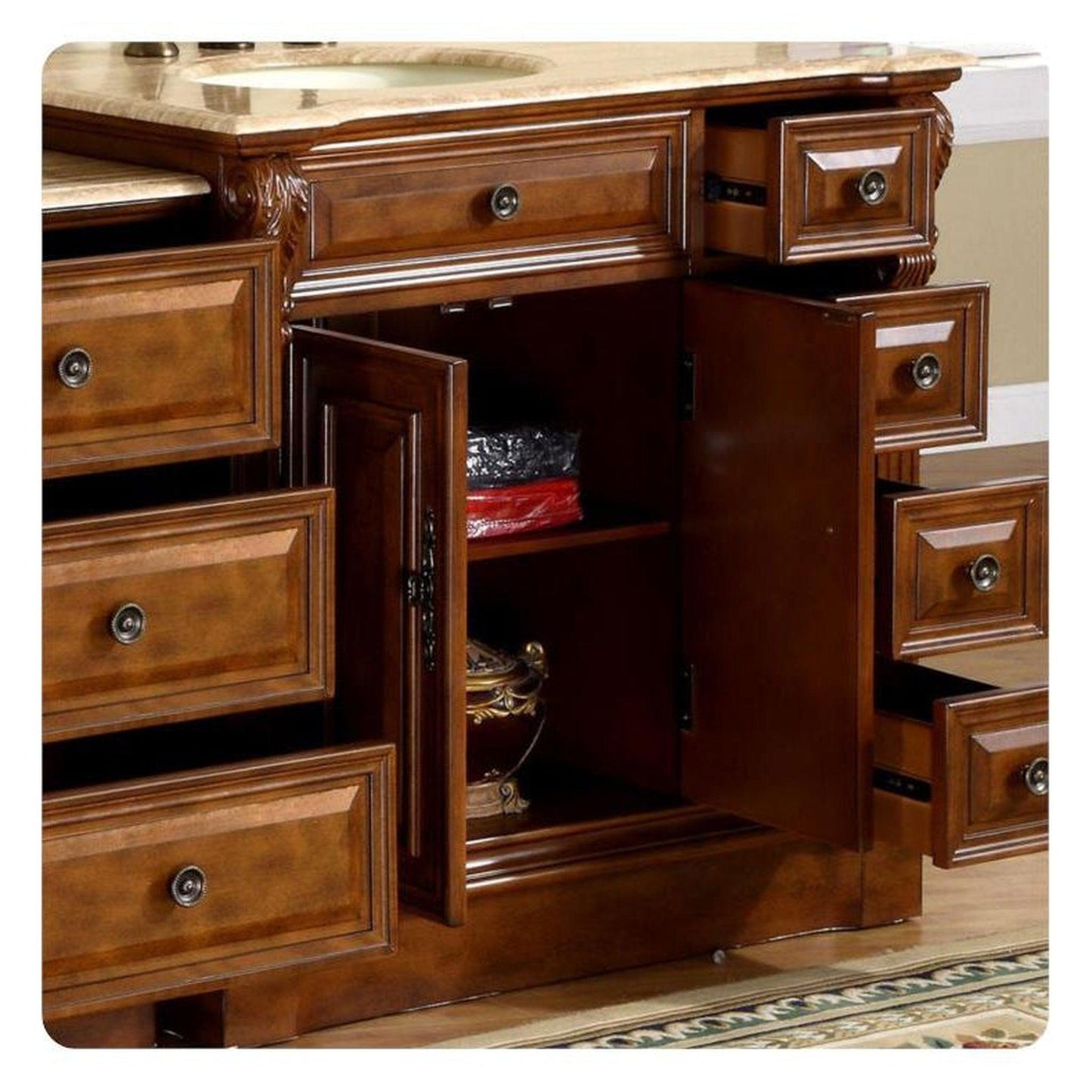 Silkroad Exclusive 58" Left Sink Walnut Bathroom Vanity with Travertine Countertop – HYP-0904-T-UIC-58-L