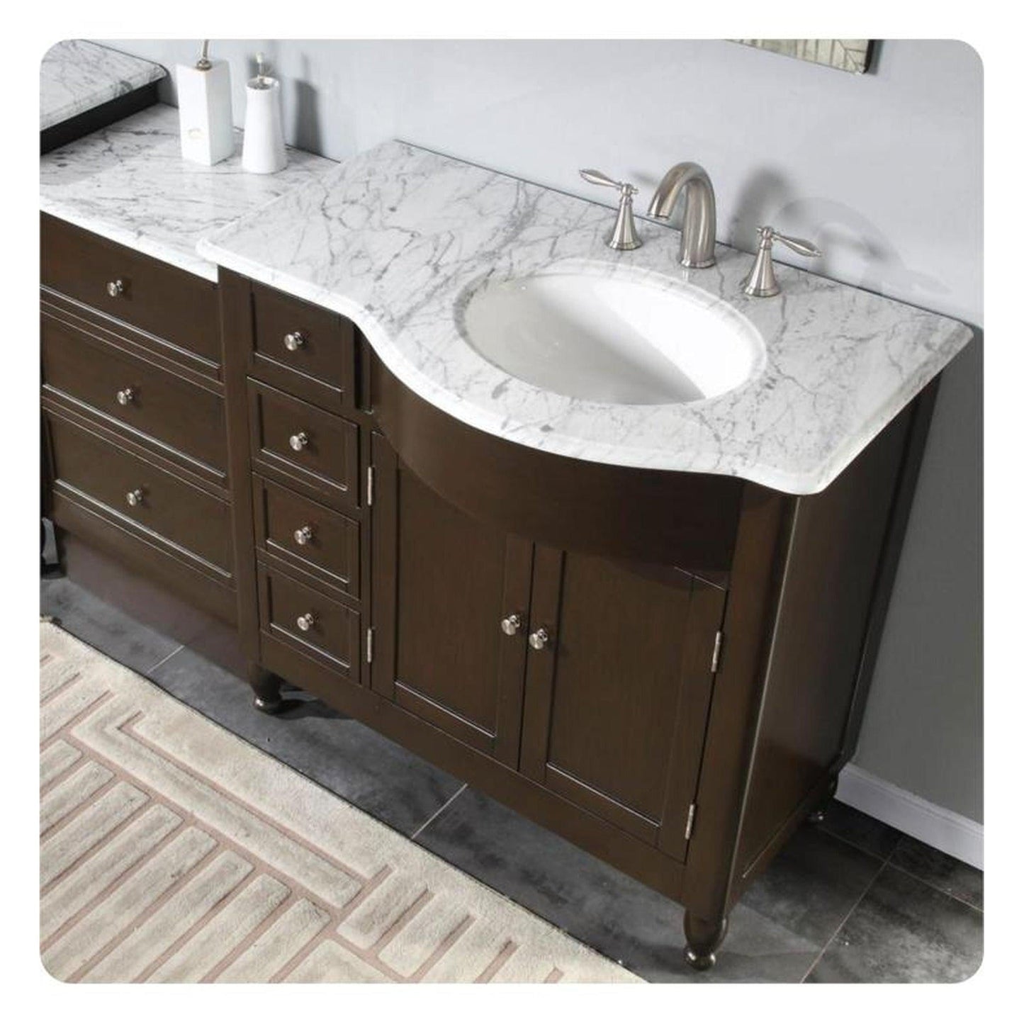 Silkroad Exclusive 58" Single Right Sink Dark Walnut Bathroom Modular Vanity With Carrara White Marble Countertop and White Ceramic Undermount Sink - HYP-0902-WM-UWC-58-R