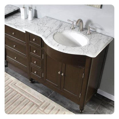 Silkroad Exclusive 58" Single Right Sink Dark Walnut Bathroom Modular Vanity With Carrara White Marble Countertop and White Ceramic Undermount Sink - HYP-0902-WM-UWC-58-R