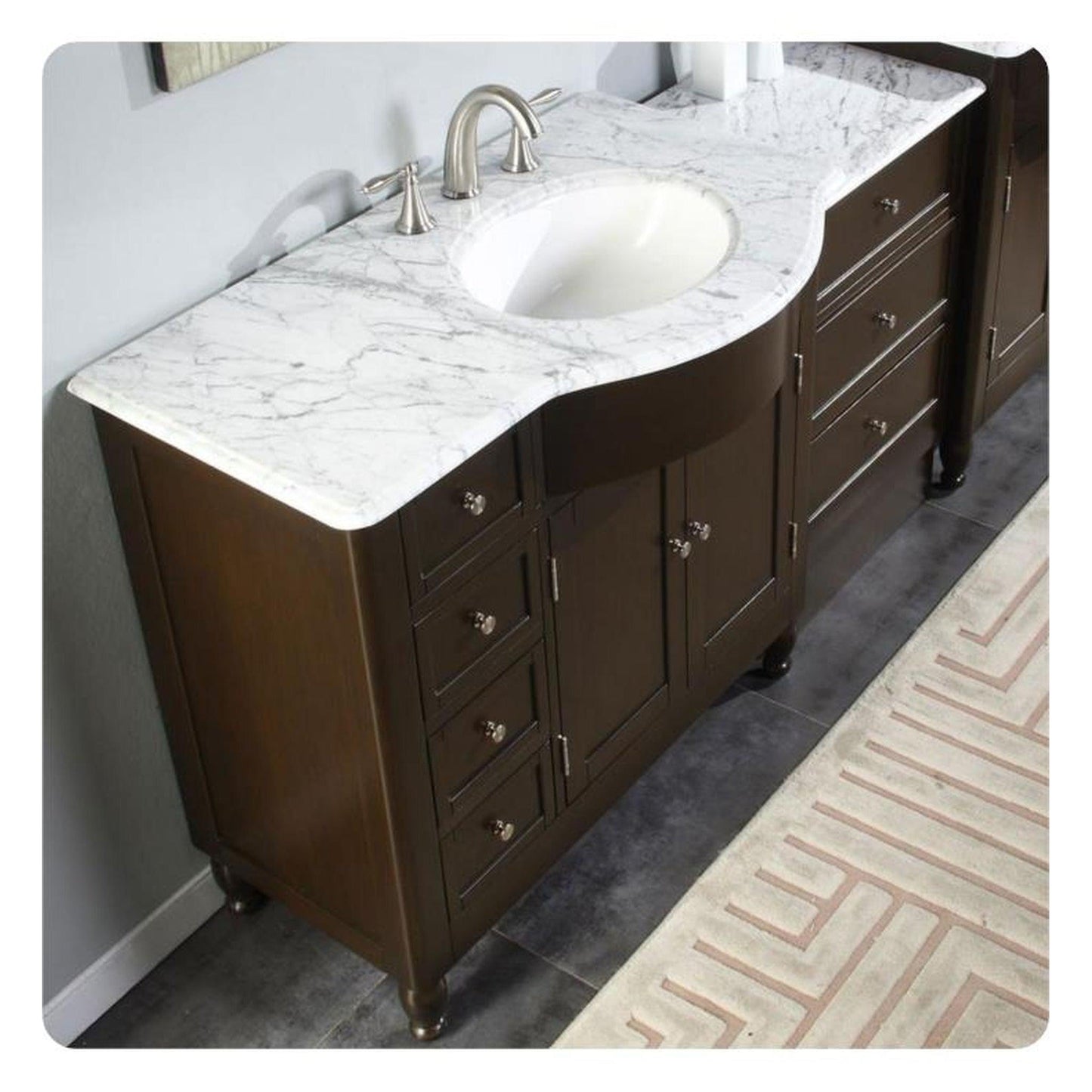 Silkroad Exclusive 58" Single Right Sink Dark Walnut Bathroom Modular Vanity With Carrara White Marble Countertop and White Ceramic Undermount Sink - HYP-0902-WM-UWC-58-R