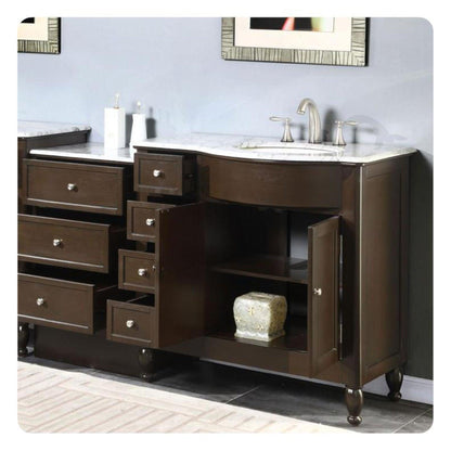 Silkroad Exclusive 58" Single Right Sink Dark Walnut Bathroom Modular Vanity With Carrara White Marble Countertop and White Ceramic Undermount Sink - HYP-0902-WM-UWC-58-R