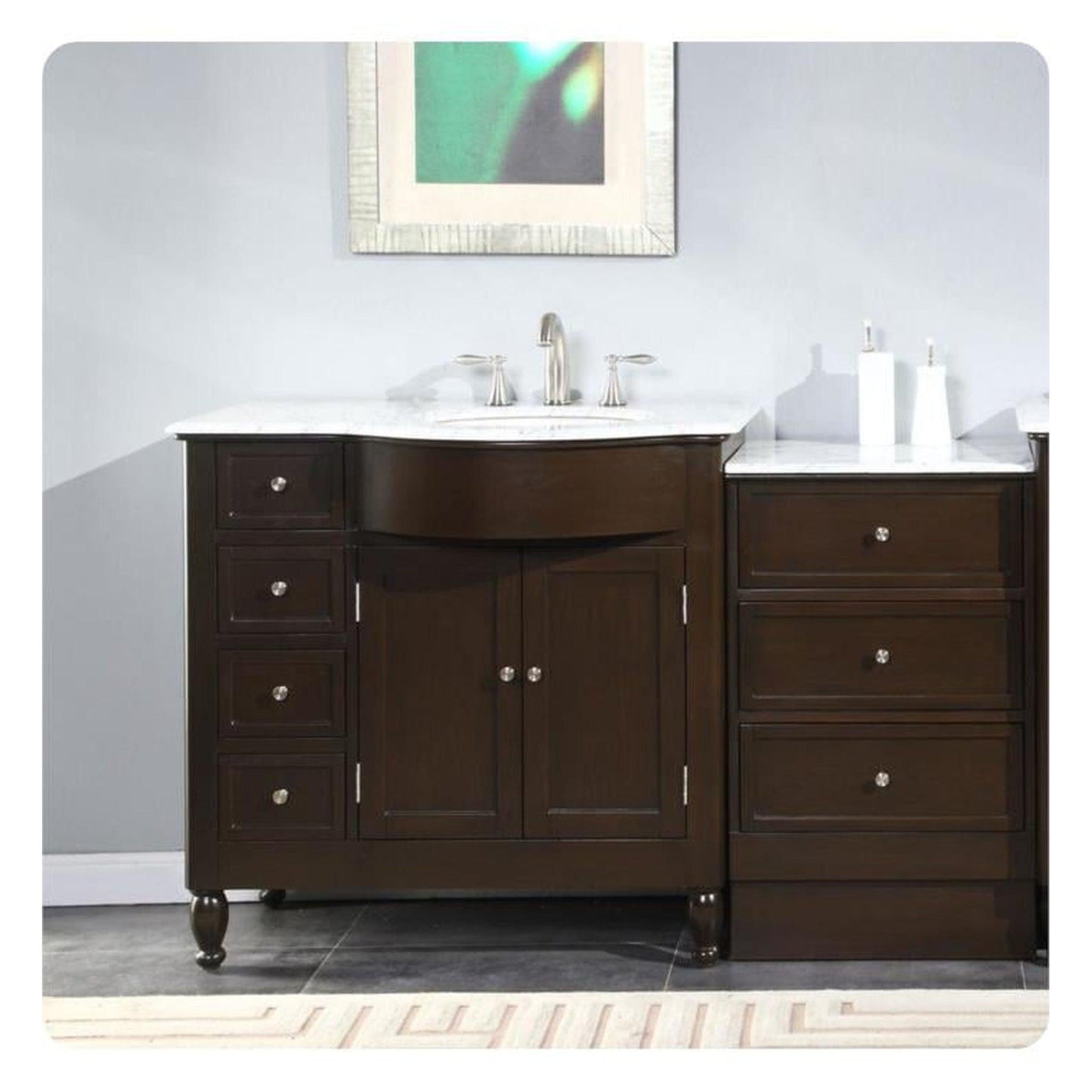 Silkroad Exclusive 58" Single Right Sink Dark Walnut Bathroom Modular Vanity With Carrara White Marble Countertop and White Ceramic Undermount Sink - HYP-0902-WM-UWC-58-R