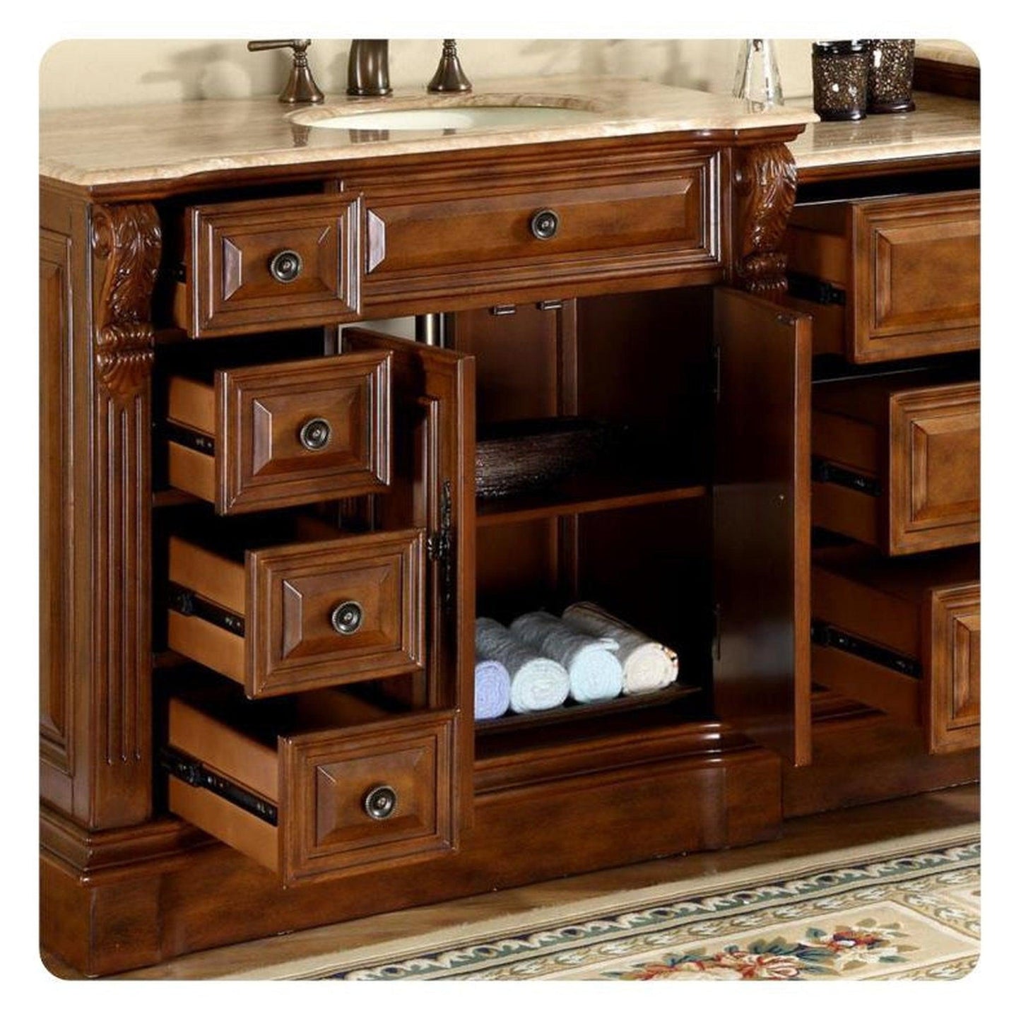 Silkroad 58" Right Sink Walnut Vanity, Travertine Top, Ivory Undermount – HYP-0904-T-UIC-58-R