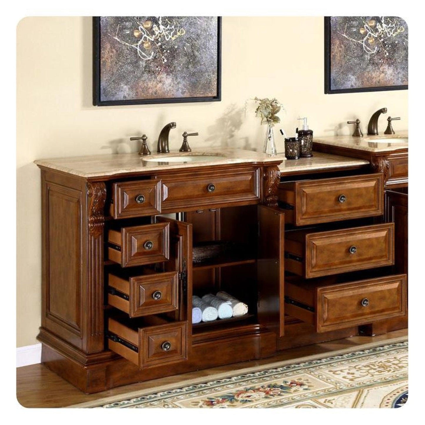 Silkroad 58" Right Sink Walnut Vanity, Travertine Top, Ivory Undermount – HYP-0904-T-UIC-58-R