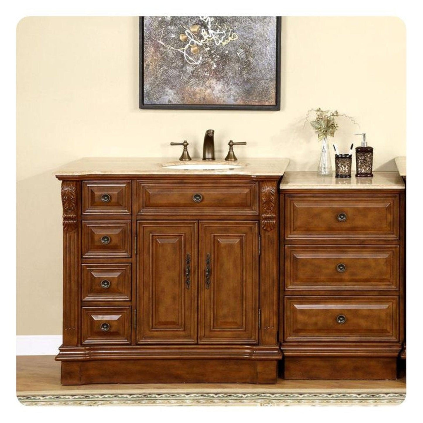 Silkroad 58" Right Sink Walnut Vanity, Travertine Top, Ivory Undermount – HYP-0904-T-UIC-58-R