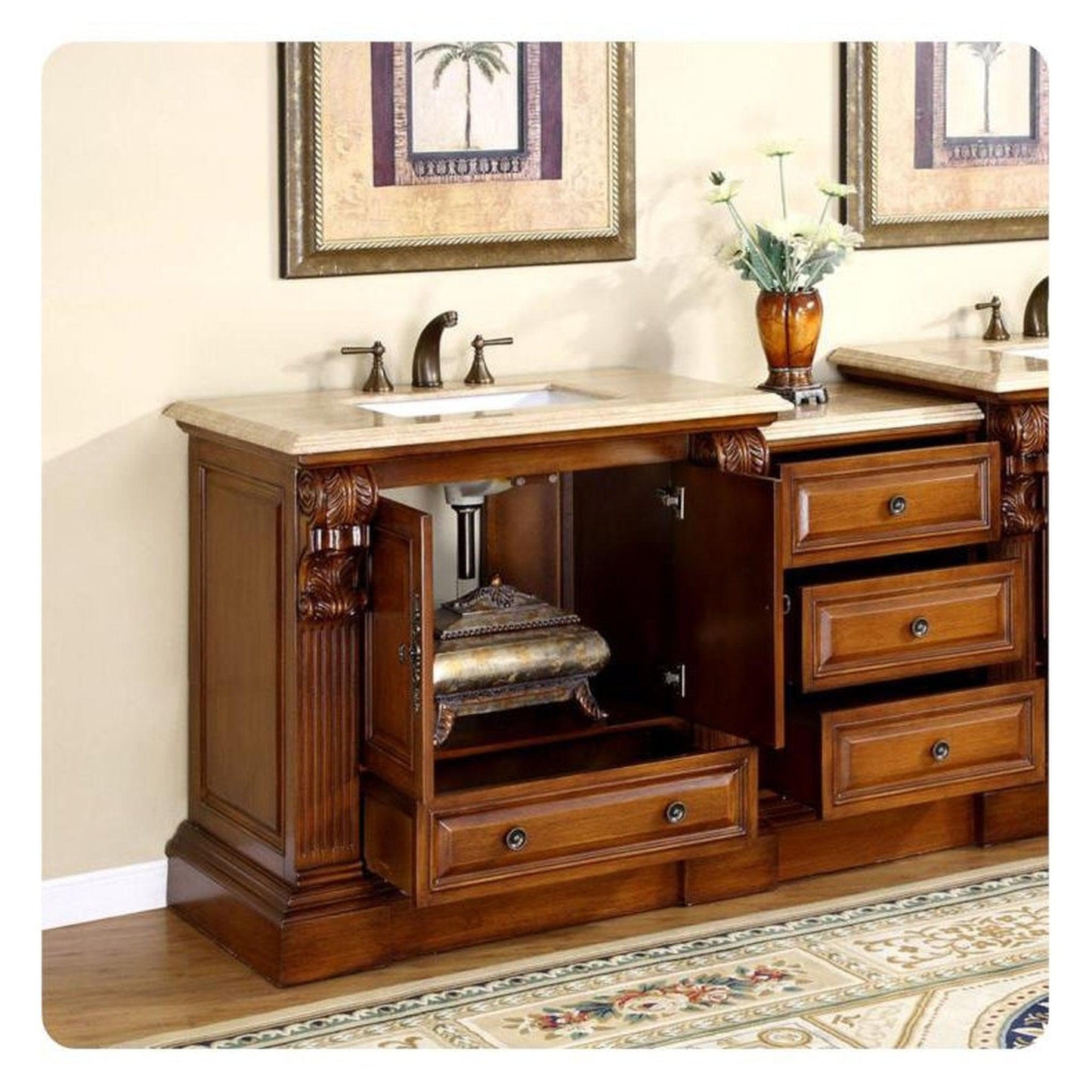 Silkroad Exclusive 58" Single Sink Cherry Modular Bathroom Vanity With Travertine Countertop and White Ceramic Undermount Sink - HYP-0907-T-UWC-58