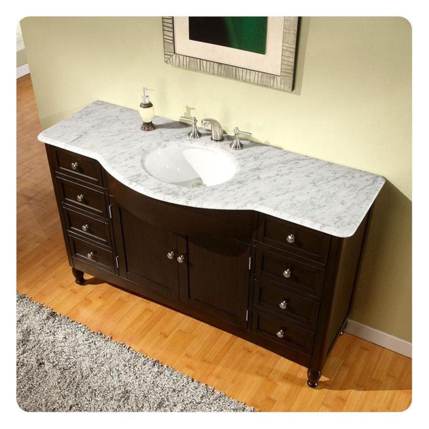 Silkroad Exclusive 58" Single Sink Dark Walnut Bathroom Vanity With Carrara White Marble Countertop and White Ceramic Undermount Sink - HYP-0717-WM-UWC-58