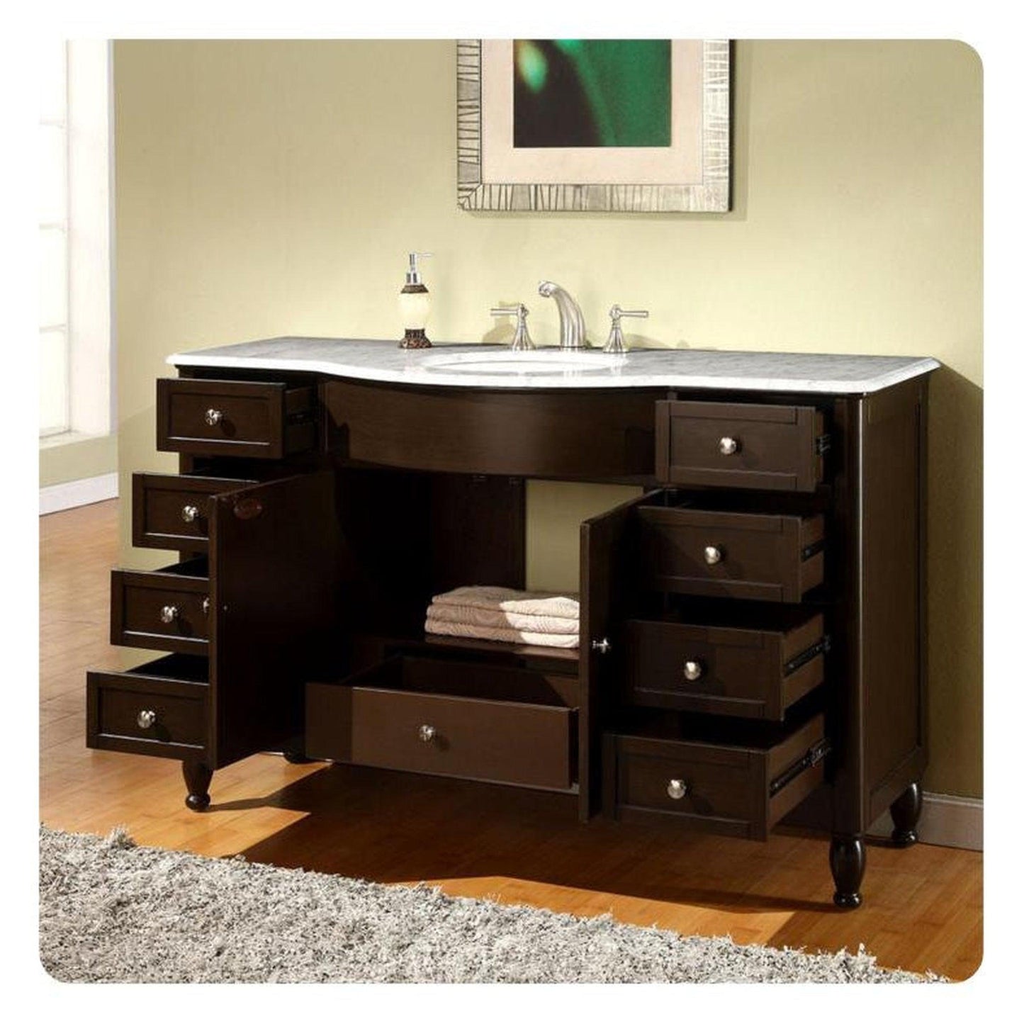 Silkroad Exclusive 58" Single Sink Dark Walnut Bathroom Vanity With Carrara White Marble Countertop and White Ceramic Undermount Sink - HYP-0717-WM-UWC-58