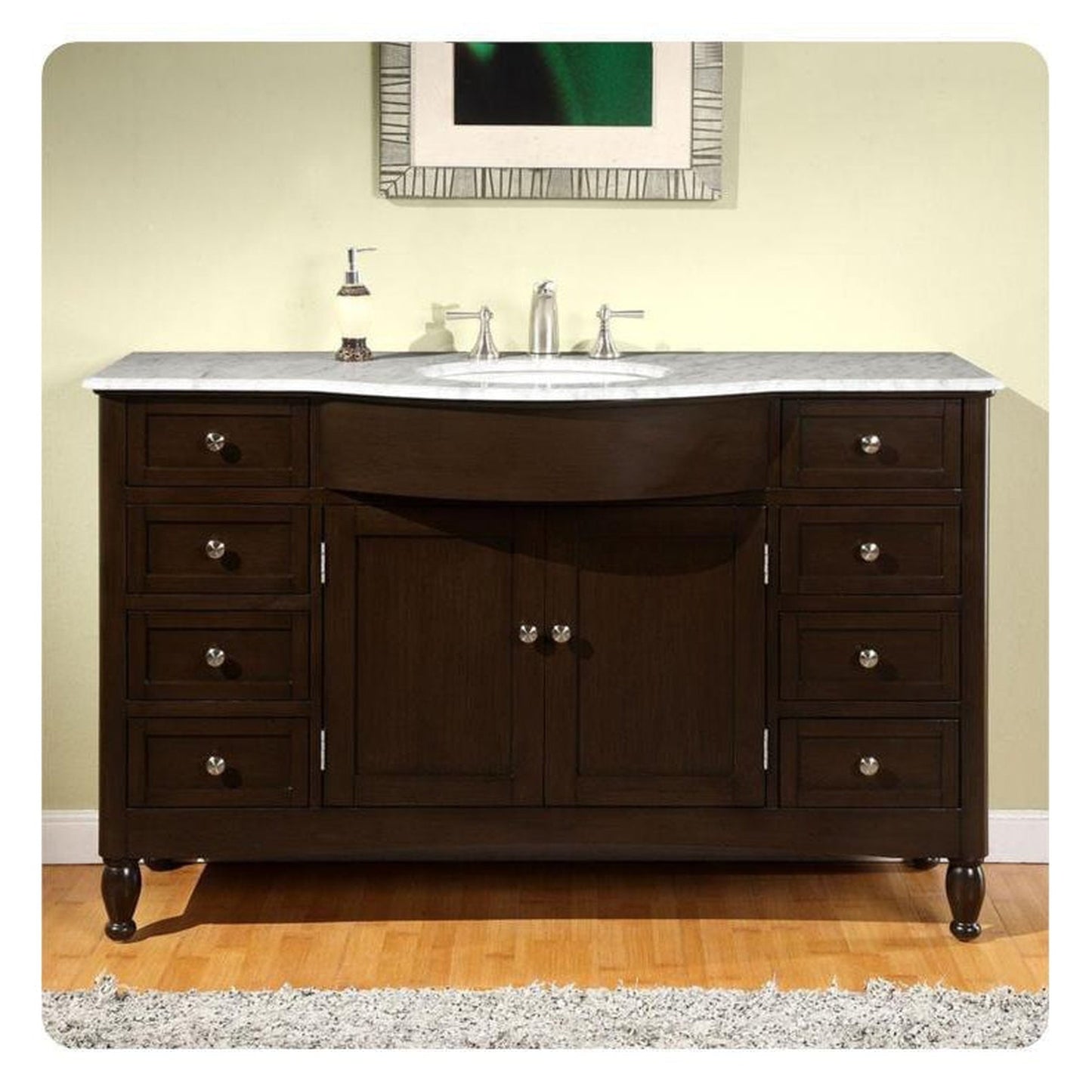 Silkroad Exclusive 58" Single Sink Dark Walnut Bathroom Vanity With Carrara White Marble Countertop and White Ceramic Undermount Sink - HYP-0717-WM-UWC-58