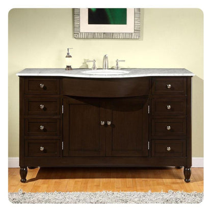 Silkroad Exclusive 58" Single Sink Dark Walnut Bathroom Vanity With Carrara White Marble Countertop and White Ceramic Undermount Sink - HYP-0717-WM-UWC-58