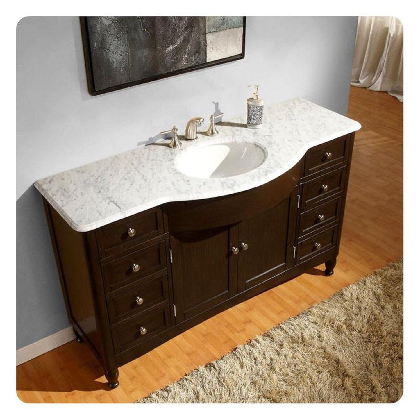 Silkroad Exclusive 58" Single Sink Dark Walnut Bathroom Vanity With Carrara White Marble Countertop and White Ceramic Undermount Sink - HYP-0717-WM-UWC-58