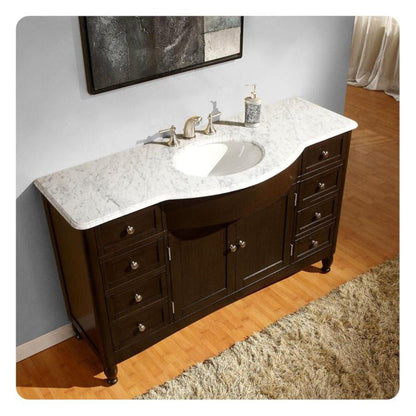 Silkroad Exclusive 58" Single Sink Dark Walnut Bathroom Vanity With Carrara White Marble Countertop and White Ceramic Undermount Sink - HYP-0717-WM-UWC-58